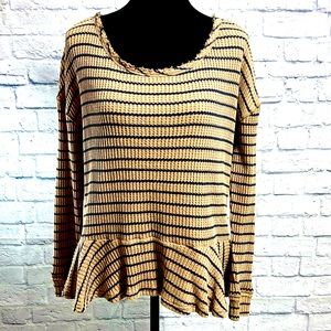 Free People Waffle Knit Peplum Top - Tan & Navy - Size Medium